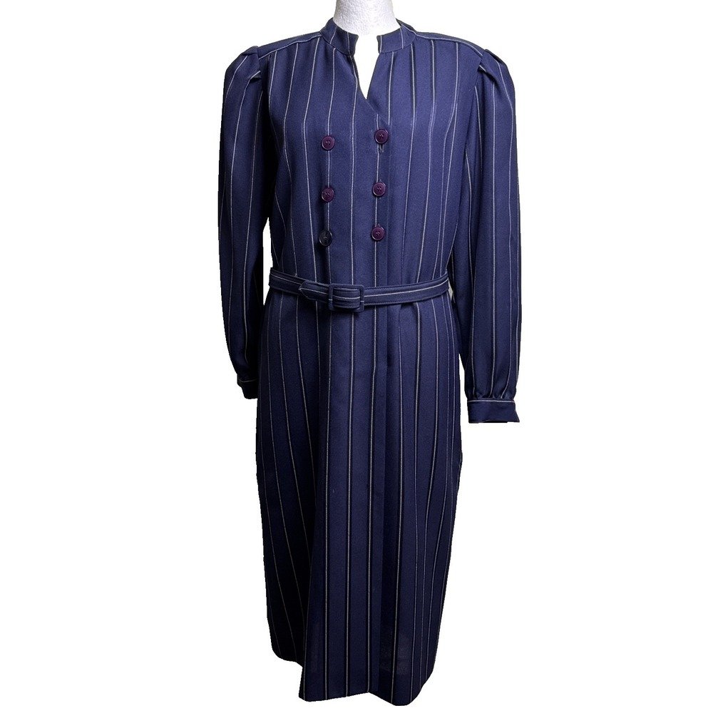 Vintage Schrader Sport Petite Dress 10 Pinstripe Midi Belted 80s Academic
